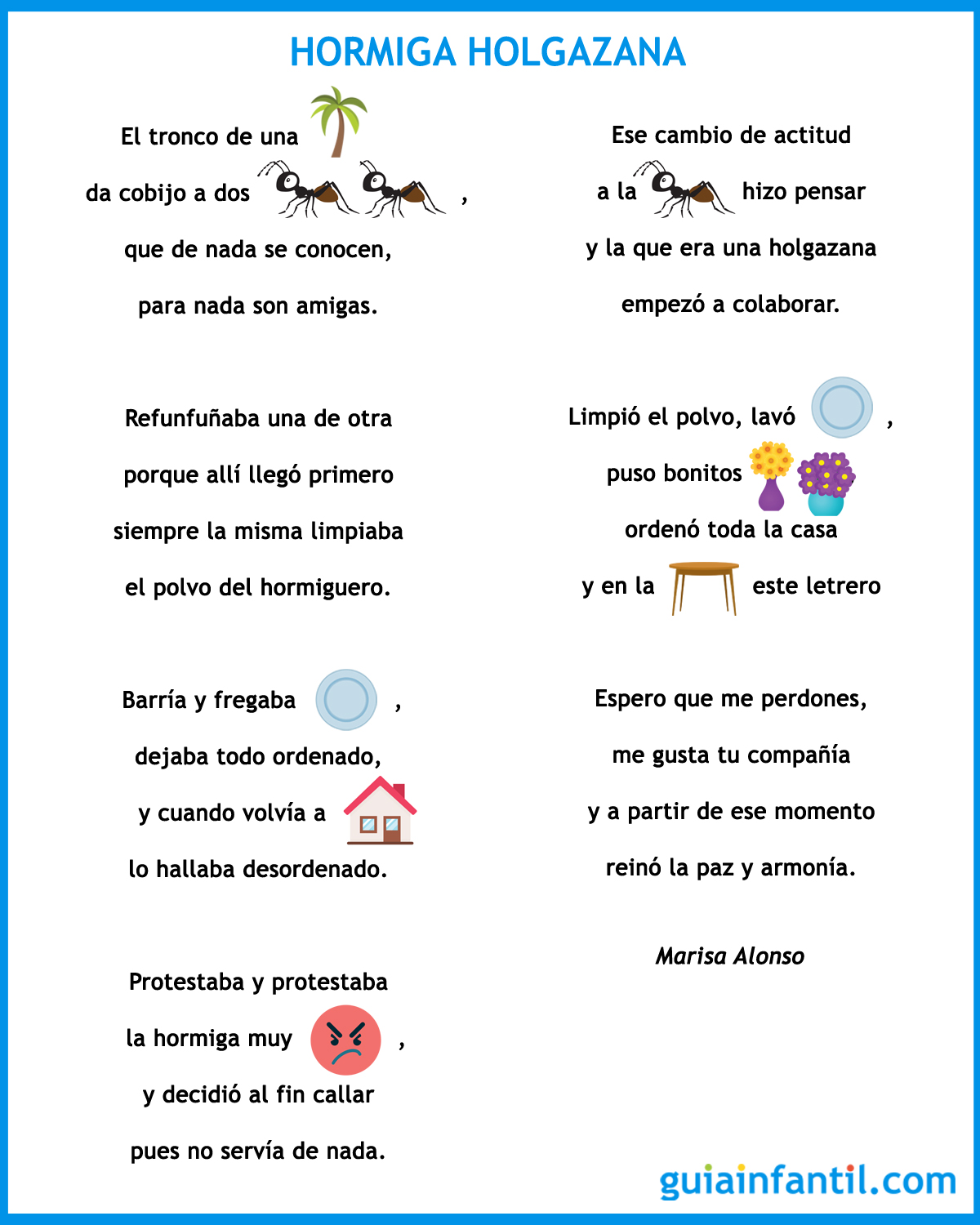 Hormiga holgazana. Poema corto con pictogramas para niños desordenados