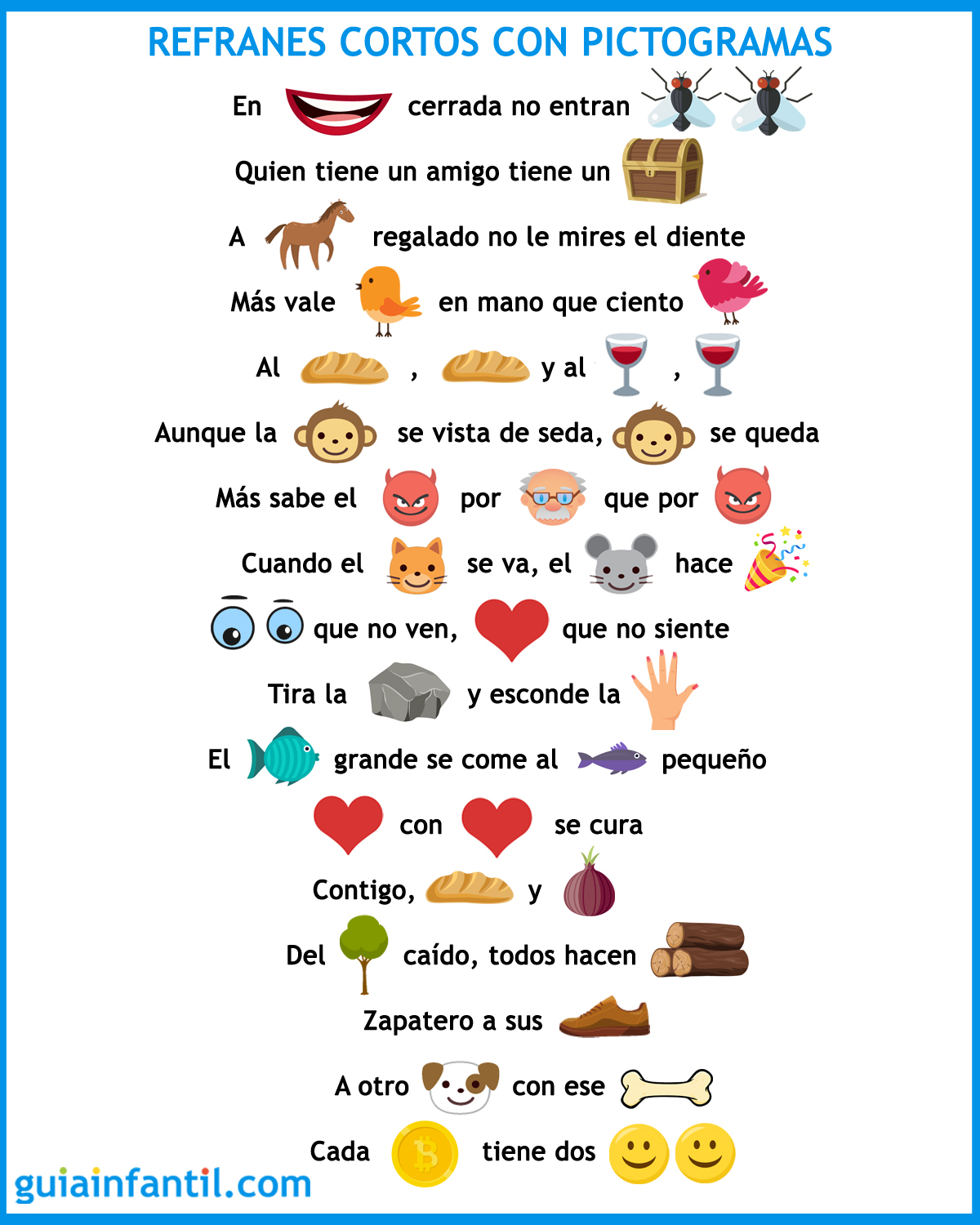 17 refranes cortos con pictogramas para retar la memoria de los niños