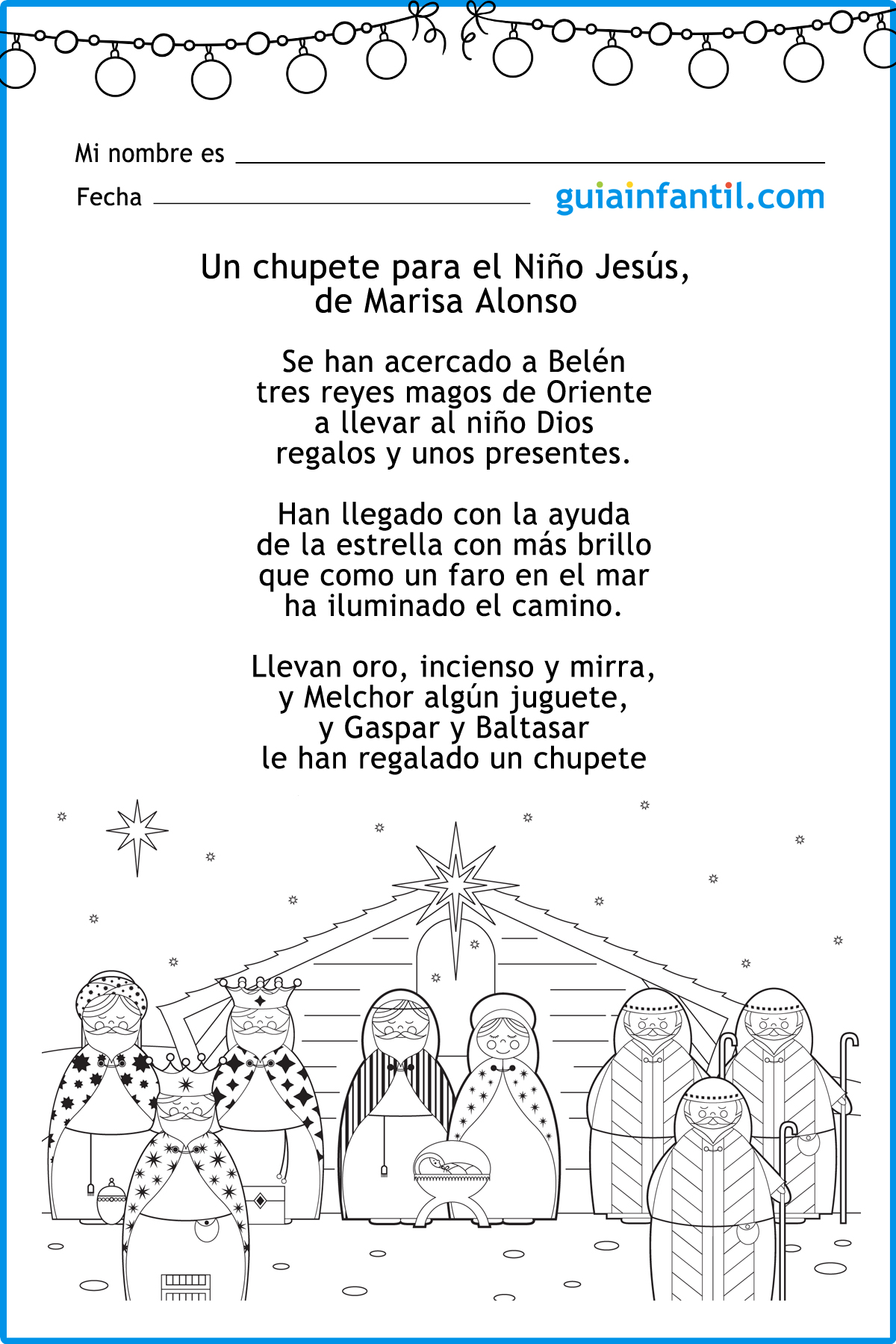 suspensión Y equipo Traer 3 poemas cortos de Navidad sobre el Niño Jesús para leer y colorear