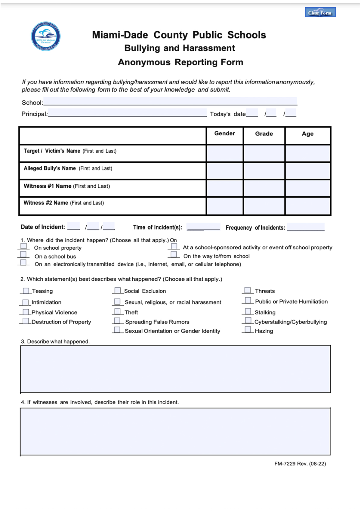 El formulario de denuncia del bullying en miami dade