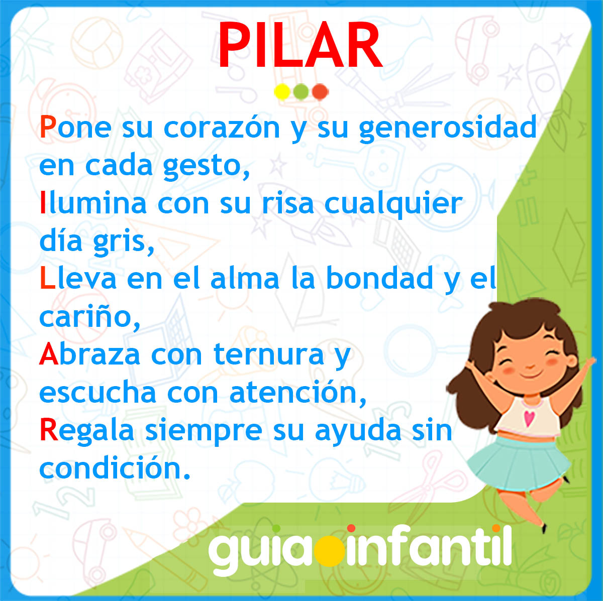 Acróstico con el nombre Pilar para niñas