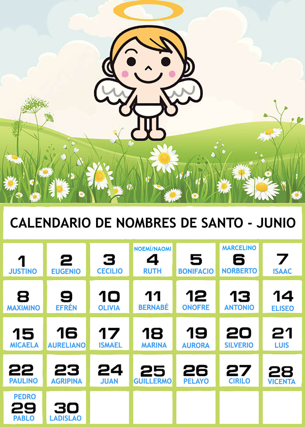 calendario de nombres de santo de Junio para bebés