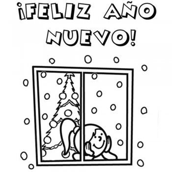 Postal con niña y árbol de Navidad para colorear