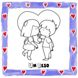 Dibujo de niños dándose un beso para colorear
