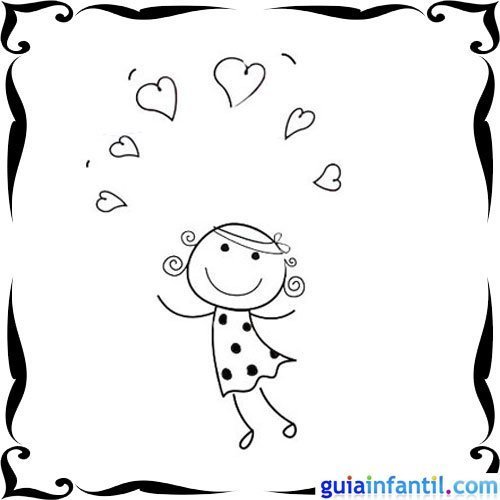 Dibujo de una niña rodeada de corazones para pintar