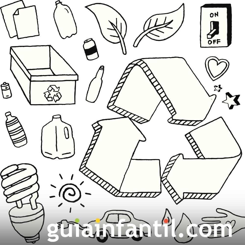 Dibujo para colorear con los niños sobre el reciclaje