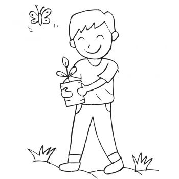 Imagen para pintar de un niño cuidando el medio ambiente