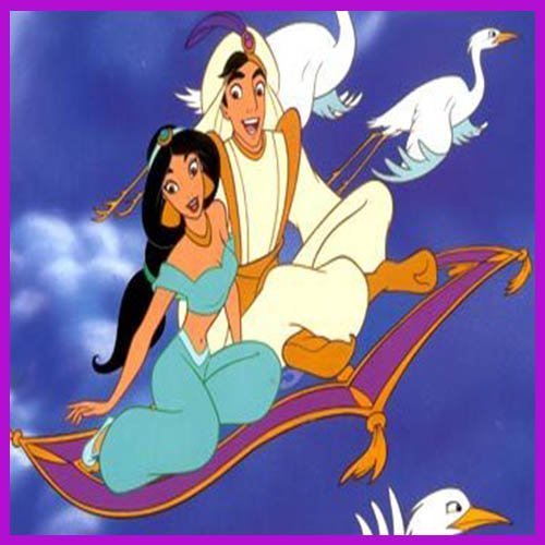 Aladdín y Jasmín volando sobre la alfombra mágica