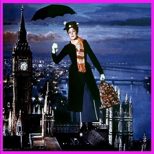 partes progenie costo Mary Poppins surcando el cielo de Londres con su paraguas volador