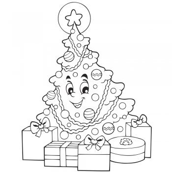 Los regalos junto al árbol de Navidad. Dibujo infantil