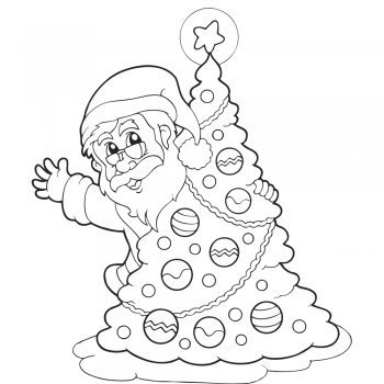 Papá Noel escondido tras el árbol. Dibujos de Navidad