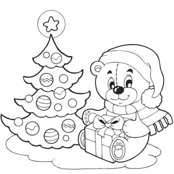Un osito con su regalo. Árbol de Navidad para colorear
