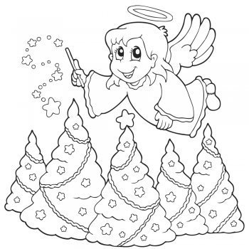 Dibujo de un ángel con árboles de Navidad. Pintar y colorear