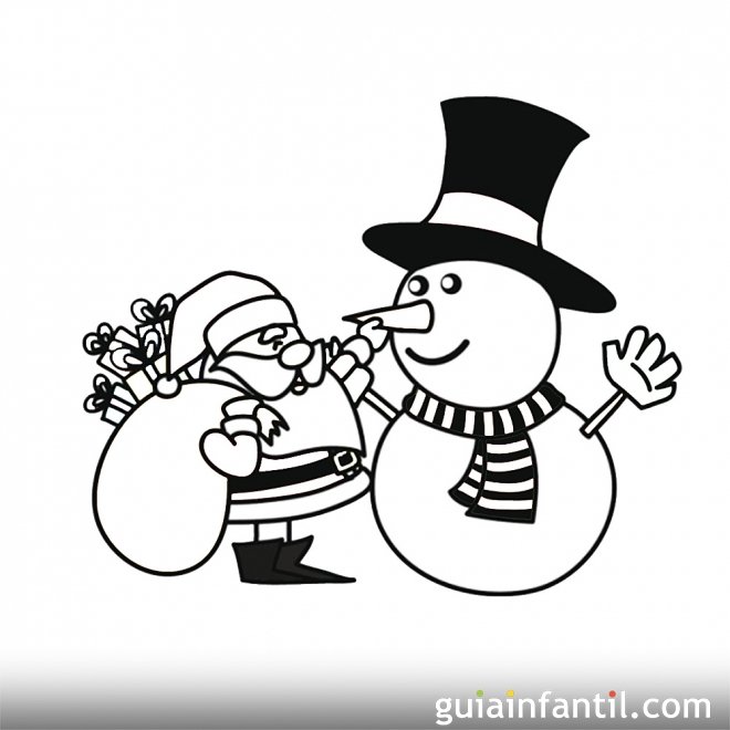 Papá Noel y un muñeco de nieve. Dibujo para pintar