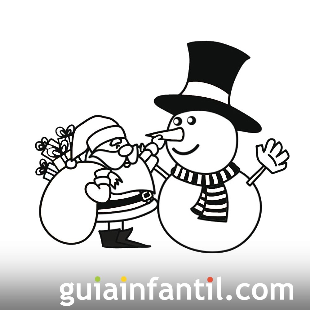 Papá Noel y un muñeco de nieve. Dibujo para pintar