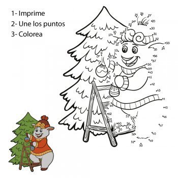 Dibujo de oveja en árbol de Navidad para unir numeros