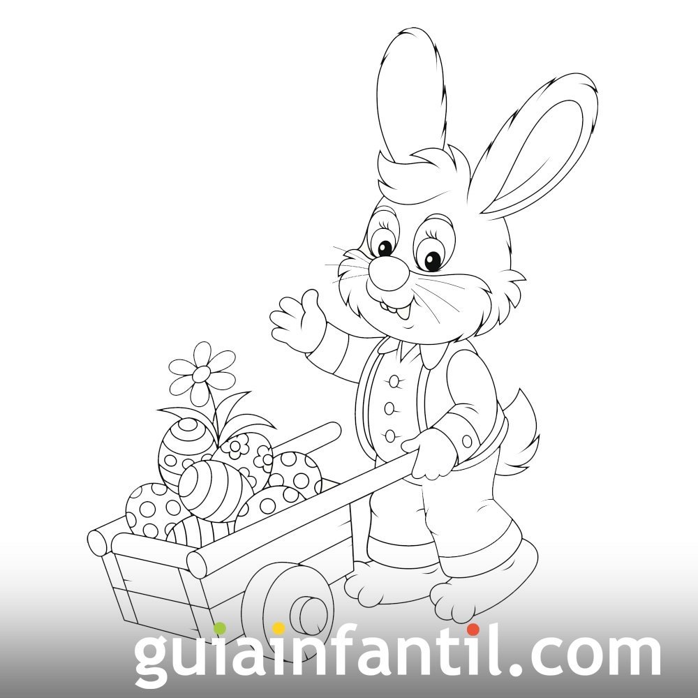 Conejo llevando huevos de Pascua en una carretilla