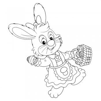 Coneja de paseo con una cesta de huevos de Pascua