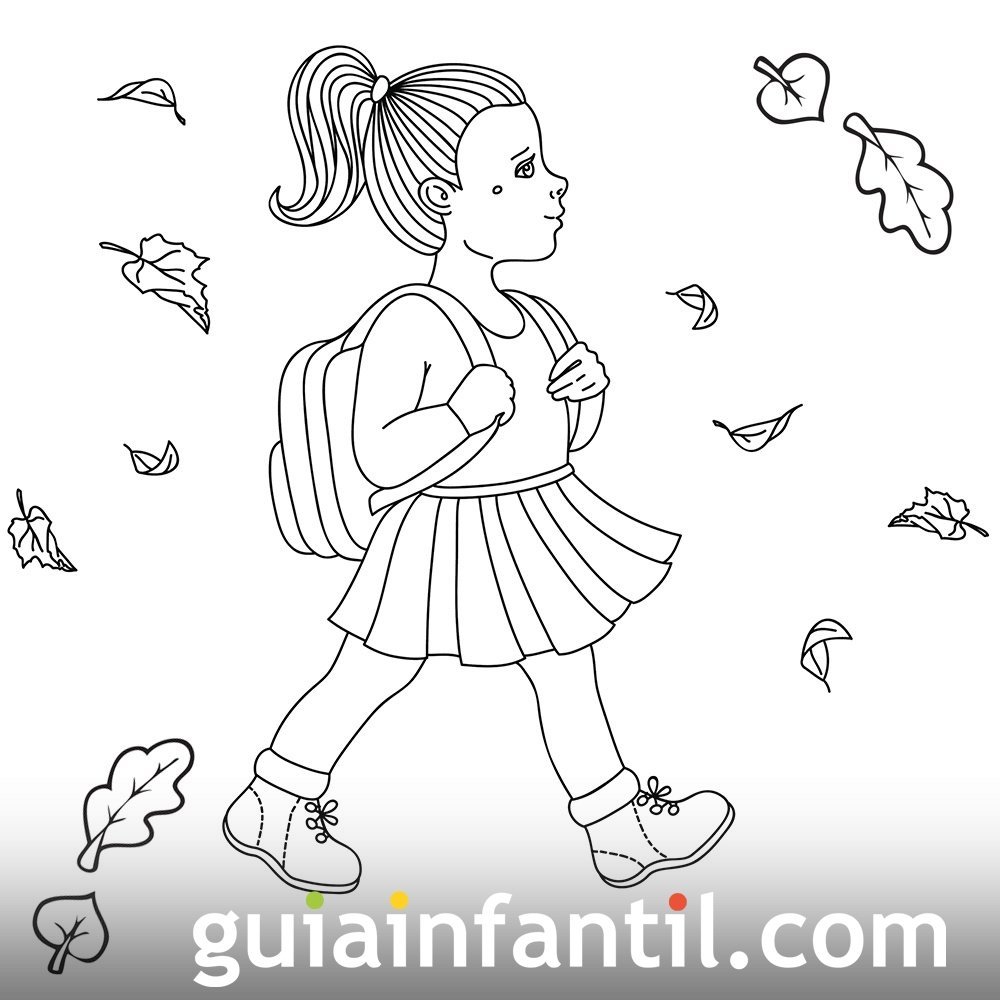Dibujo de una niña que va al colegio en otoño