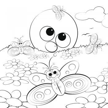 Dibujo para colorear de un sol y mariposas en primavera