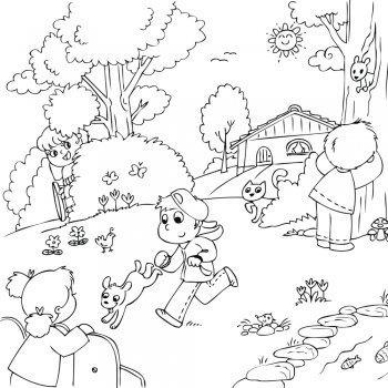 Dibujo para colorear de niños jugando en primavera