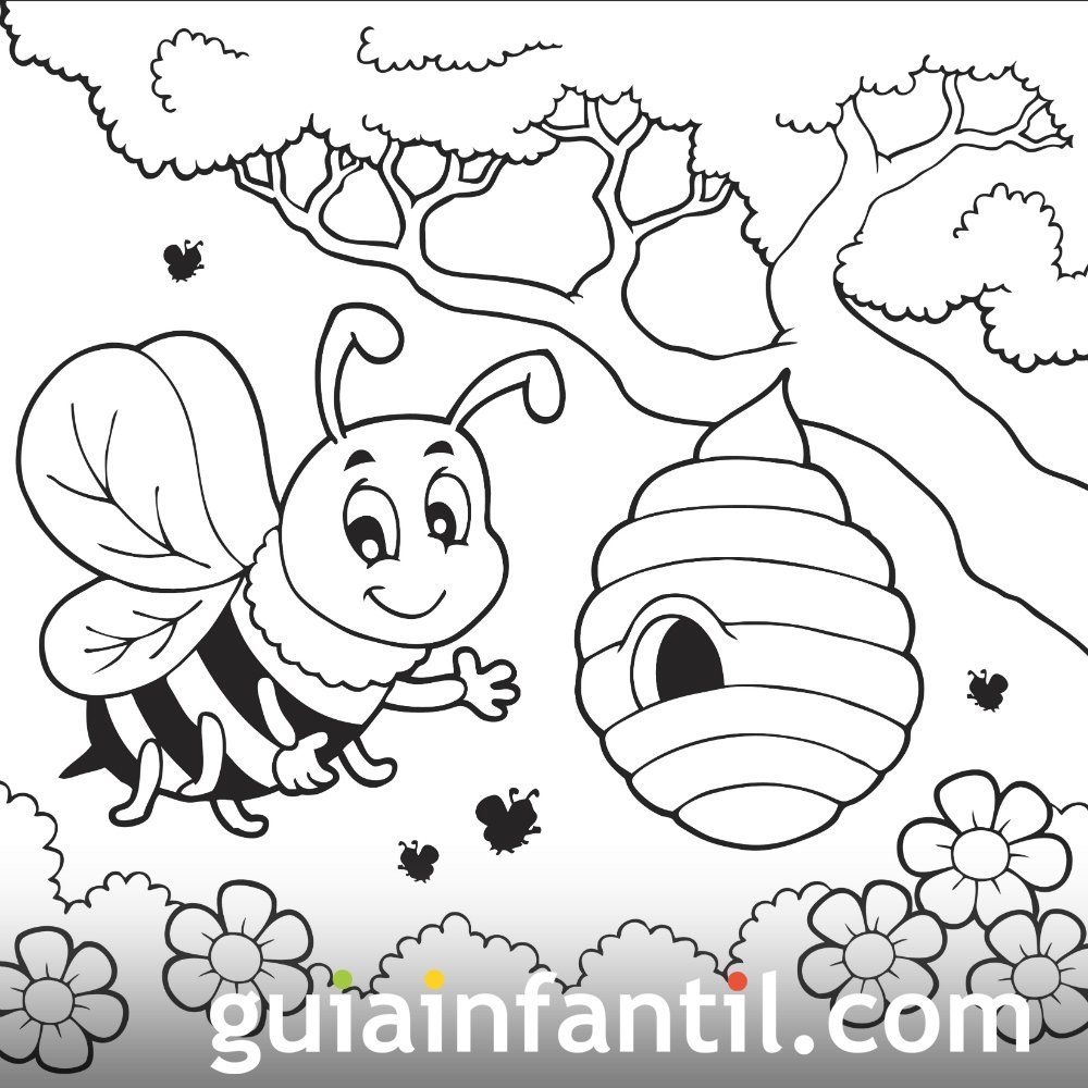 Dibujo para colorear de una abeja y un panal en primavera