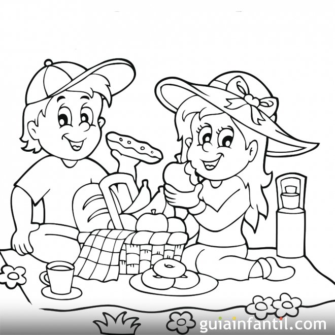 Dibujo para colorear de dos niños comiendo en primavera