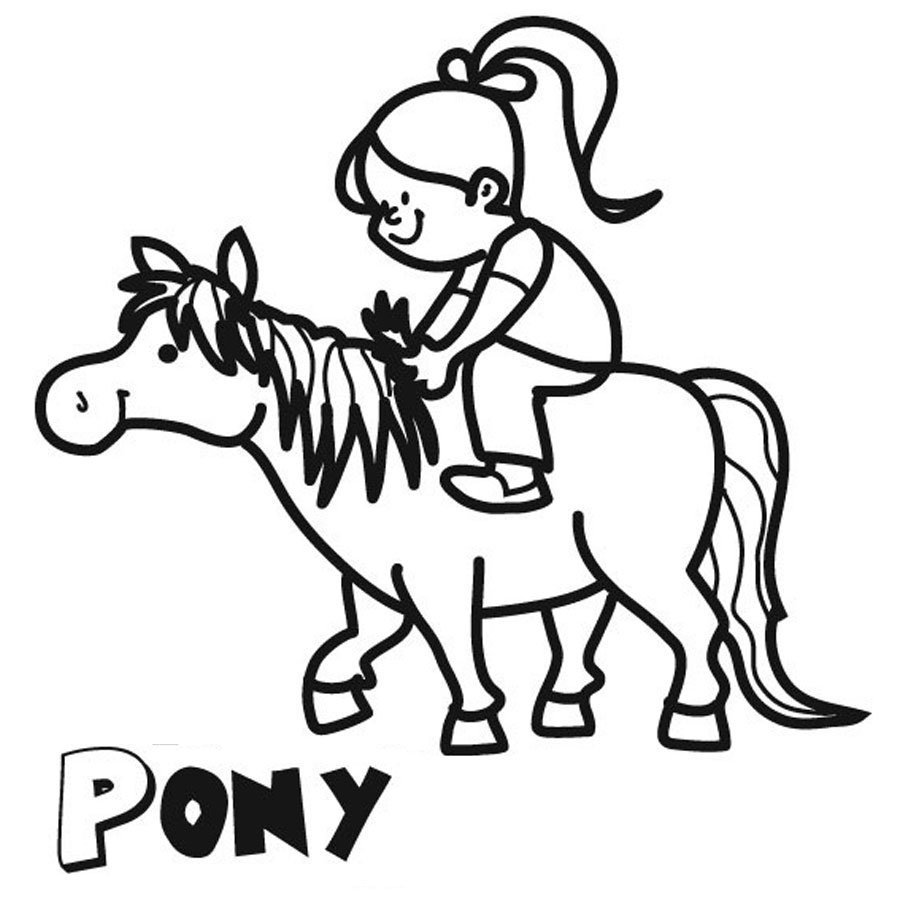 Dibujo de una niña con su pony para pintar