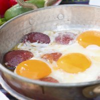 Huevos al plato con salchichas en microondas