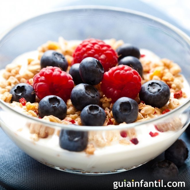 Yogur con cereales y arándanos, desayuno equilibrado