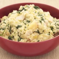 Risotto de bacalao, puerros y espinacas. Receta con arroz