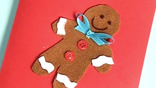 Tarjeta de felicitación con muñeco de jengibre en fieltro. Manualidades