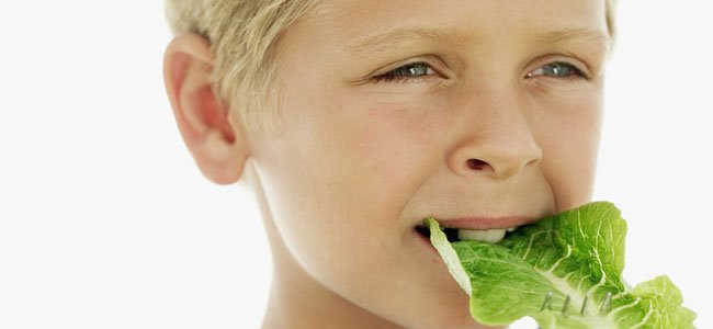 Beneficios de los alimentos verdes Niño come lechuga