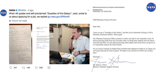 Carta de un niño a  la Nasa