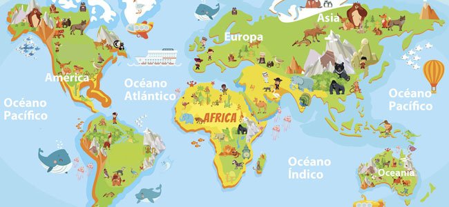 Mapamundi de océanos y continentes para imprimir