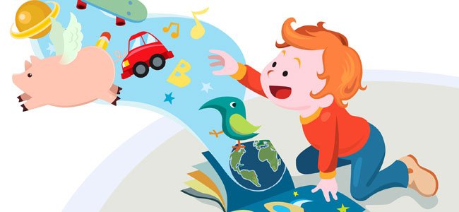 El cuento de Vicente, poema sobre la fantasía Niño con cuento y cerdo volador