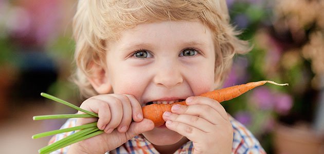 Aliementos buenos para la vista de los jiños Niño come zanahoria